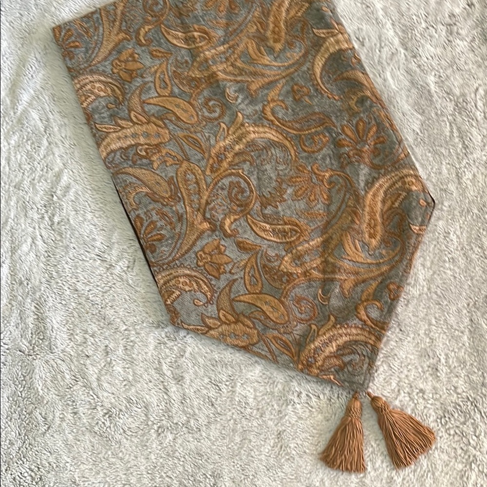 Signature Elegant Tan  and Mint Table Runner with Tassels  15 1/2 W x 52” L